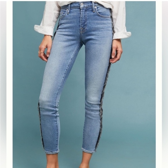 NWT Anthropologie Size 32 7 for all Mankind Flora Beaded Fringe Ankle Jeans $269 - Picture 1 of 11